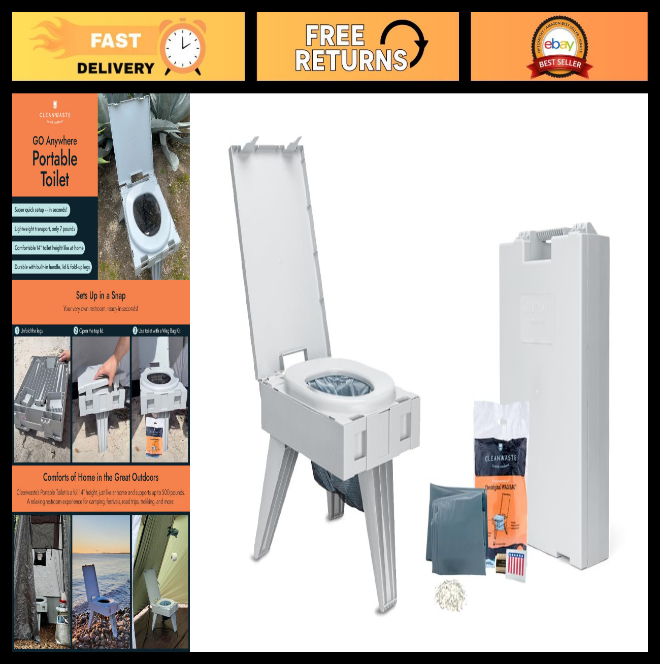 Portable Folding Toilet – GO Anywhere Travel Toilet with Bonus Wag Bag Kit
