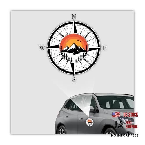 2 Pcs Compass Mountain Sunset Bumper Sticker UV DTF Decal Adventure Travel