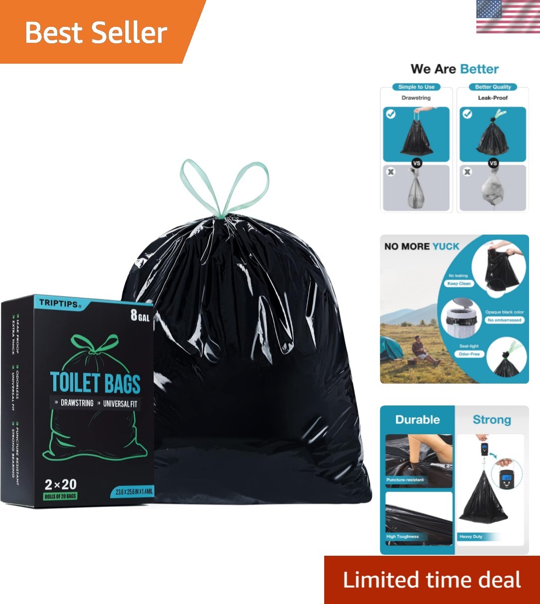 Portable Toilet Bags Drawstring 8 Gallon Camping Toilet Bags Toilet Waste Bag…