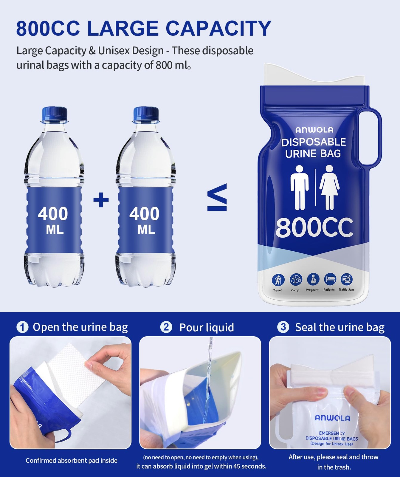 Portable Urine Bags 12 Pack 800ml Emergency Toilet for Travel Camping Hiking Car