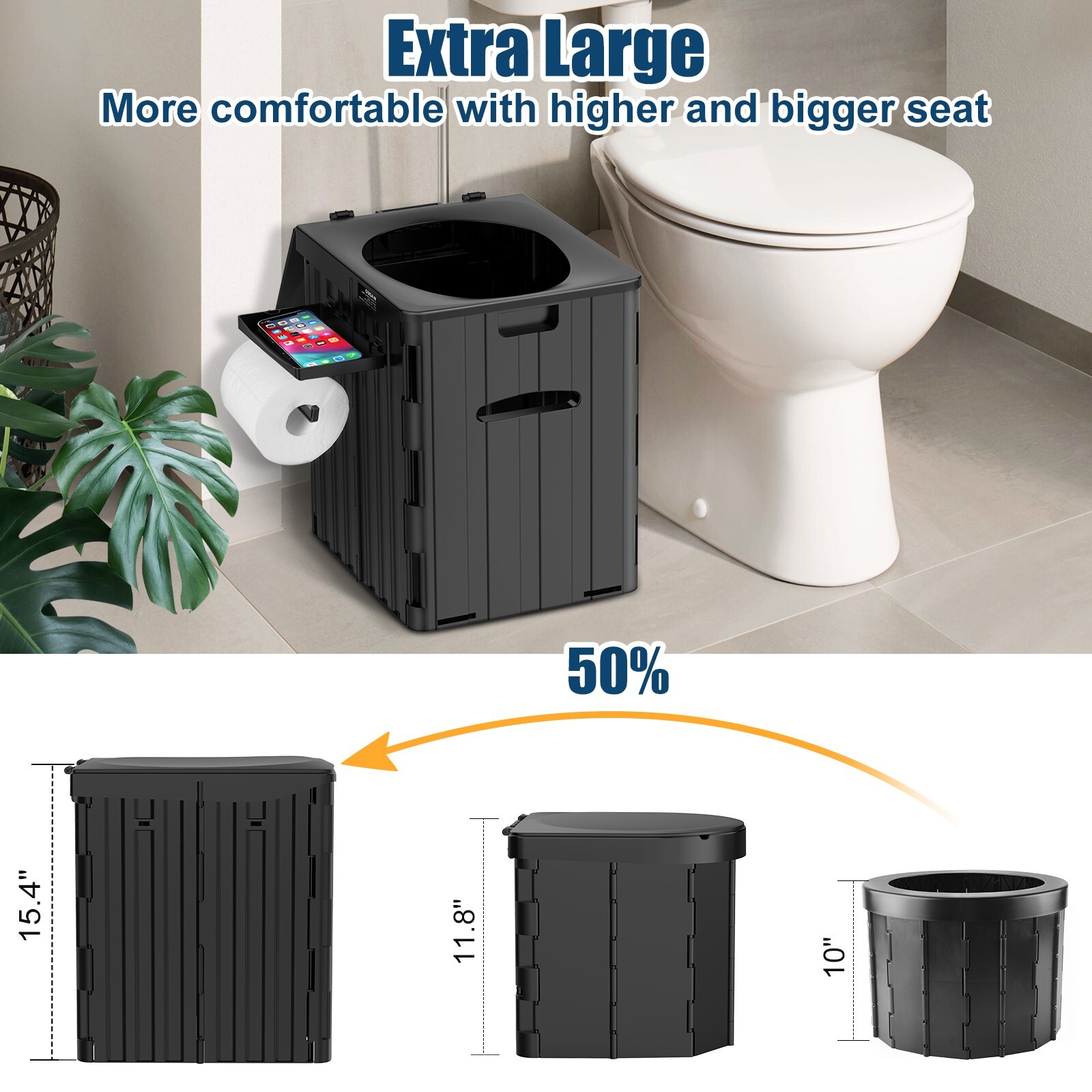 XL Foldable Portable Camping Toilet with Detachable Phone Shelf and Paper Holder
