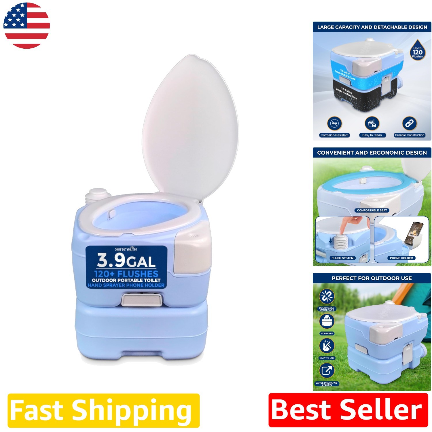 Camping Toilet 4 Gal Blue Adult RV Porta Potty Odor-Free 100+ Flushes