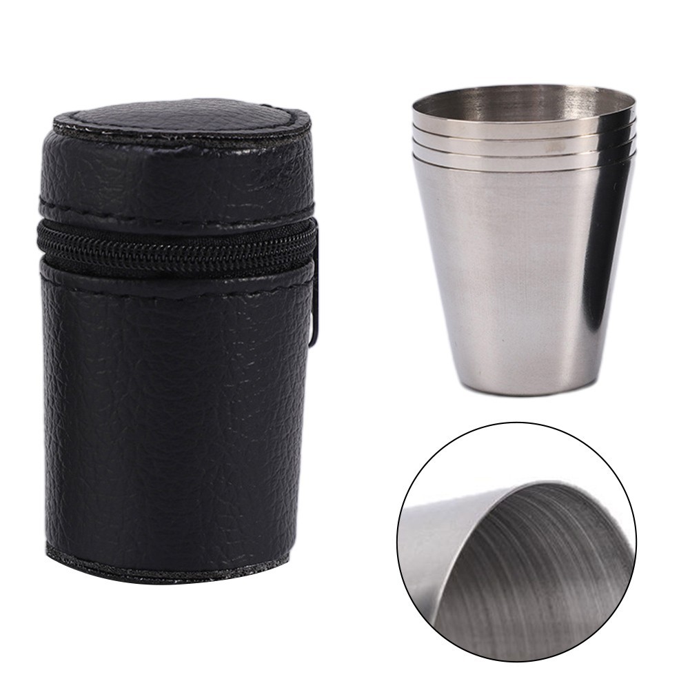 Stainless Steel Cup Set for Camping 30ml Pack of 4 with Leather Storage Case