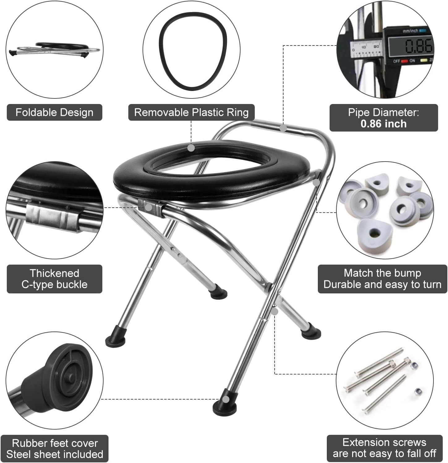 Portable Camping Toilet Foldable Stainless Steel Soft Seat 16.5-Inch 350LBS RV
