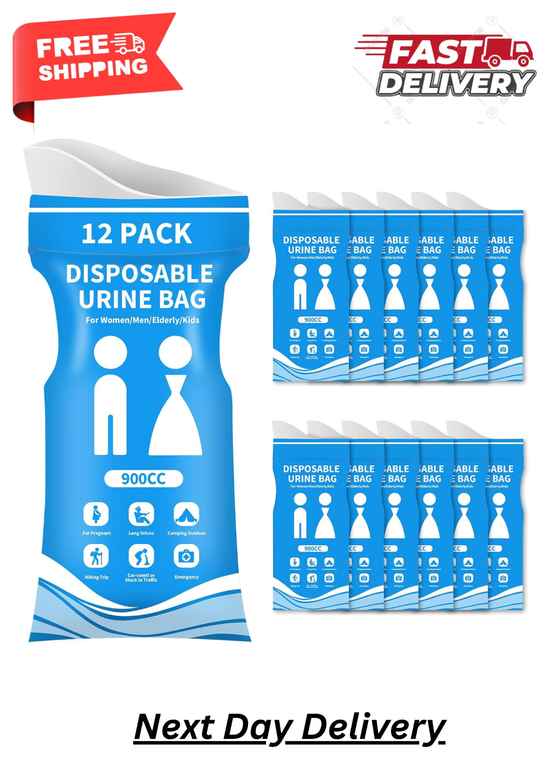 900ML Disposable Pee Bags 12PCS | Travel Urinal for Men Women Kids Camping