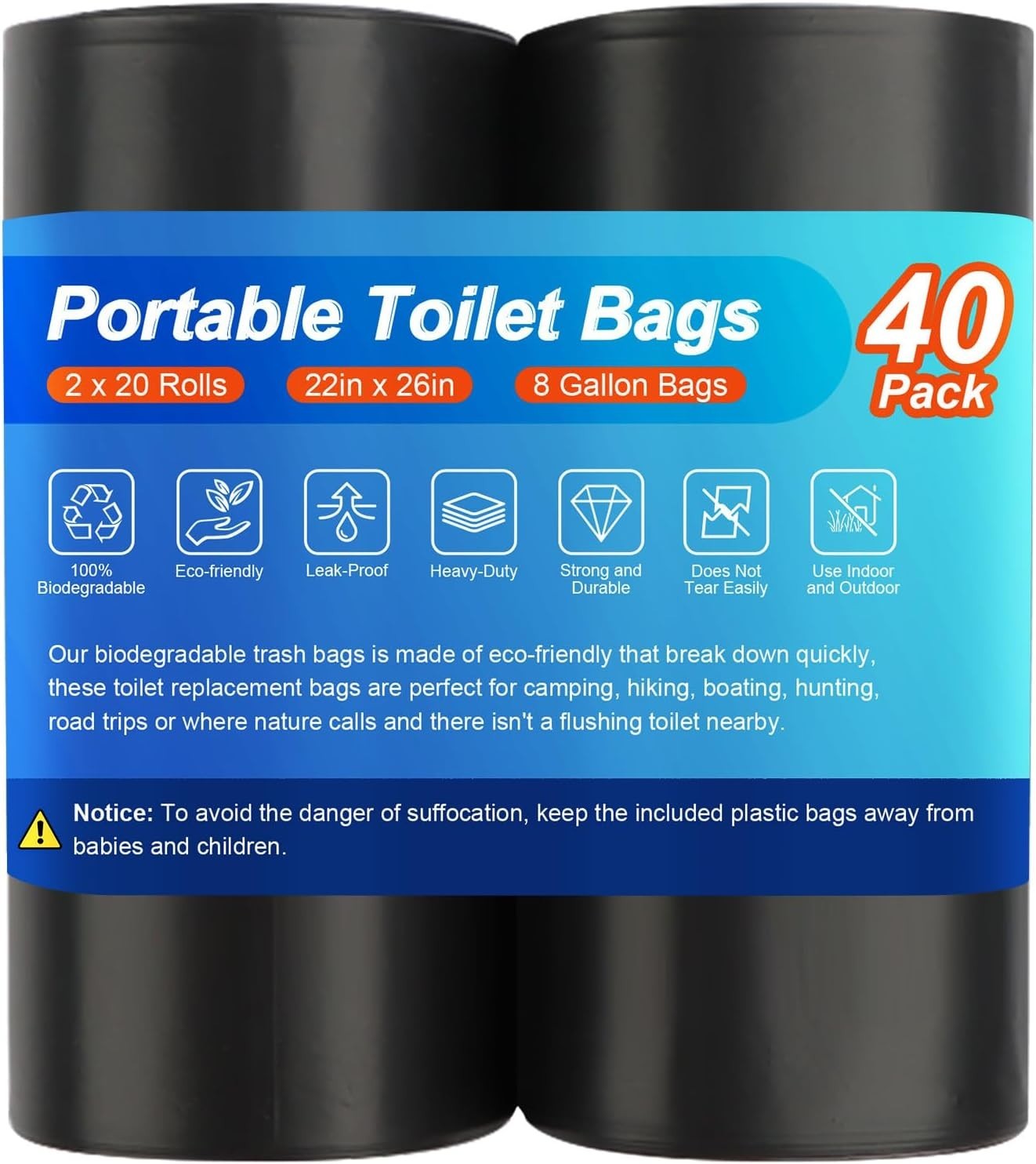 40 Portable Camping Toilet Bags, Biodegradable Compostable Thickened for 5 Gallo