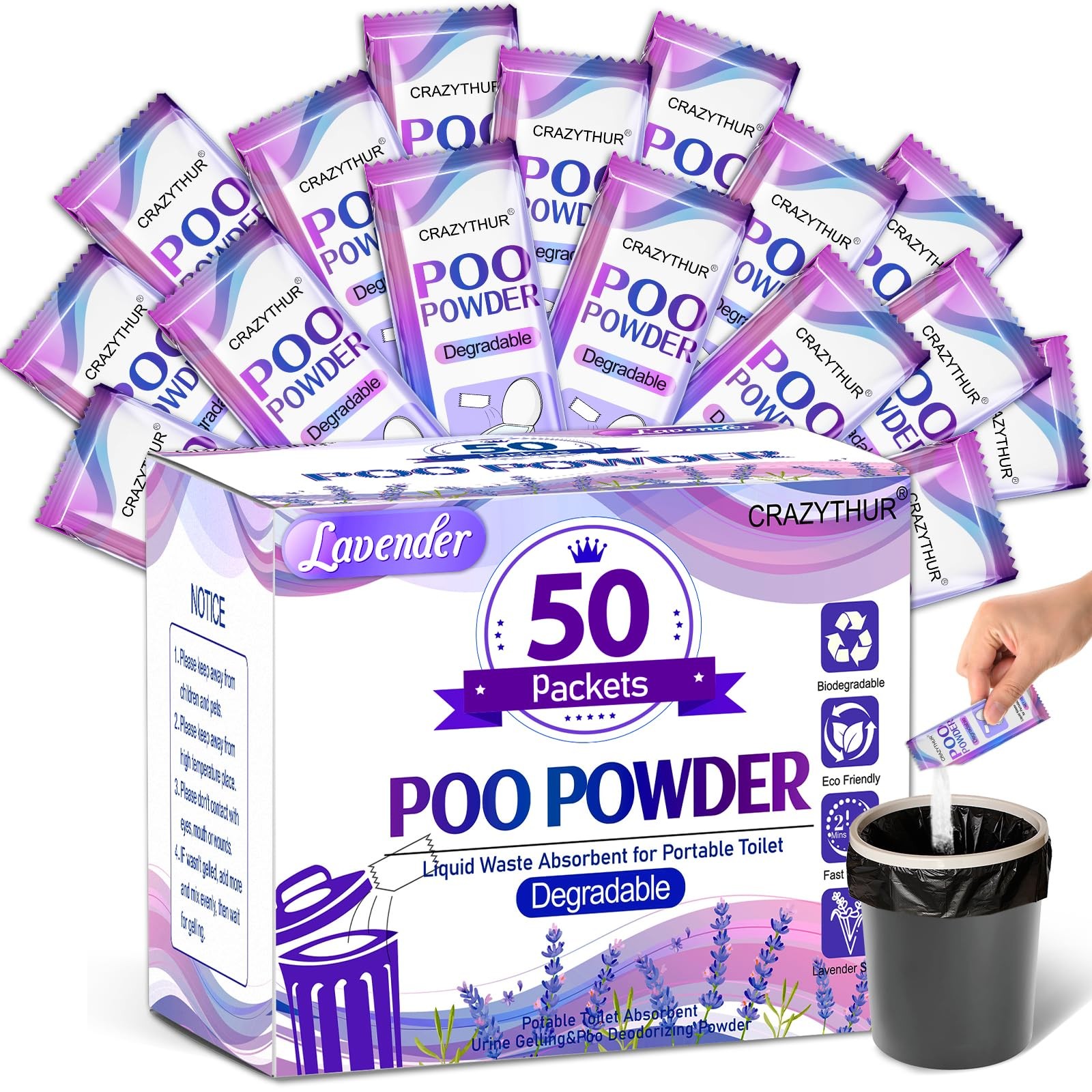 50PCS Poo Gel and Portable Toilet Gel with Lavender Scent, Camping Toilet Gels,
