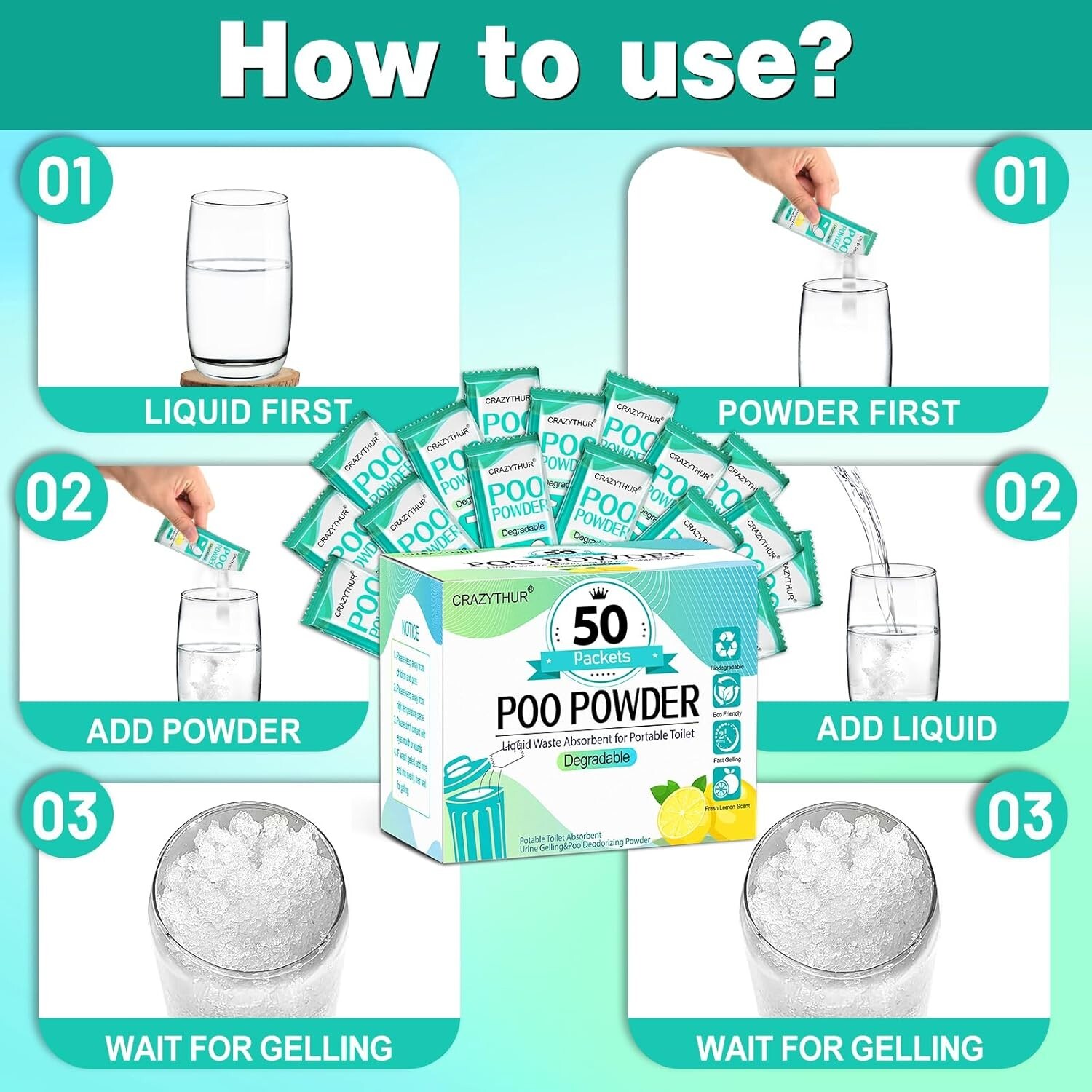 Eco-Friendly Portable Toilet Gel, 50 Lemon-Scented Packets for Camping