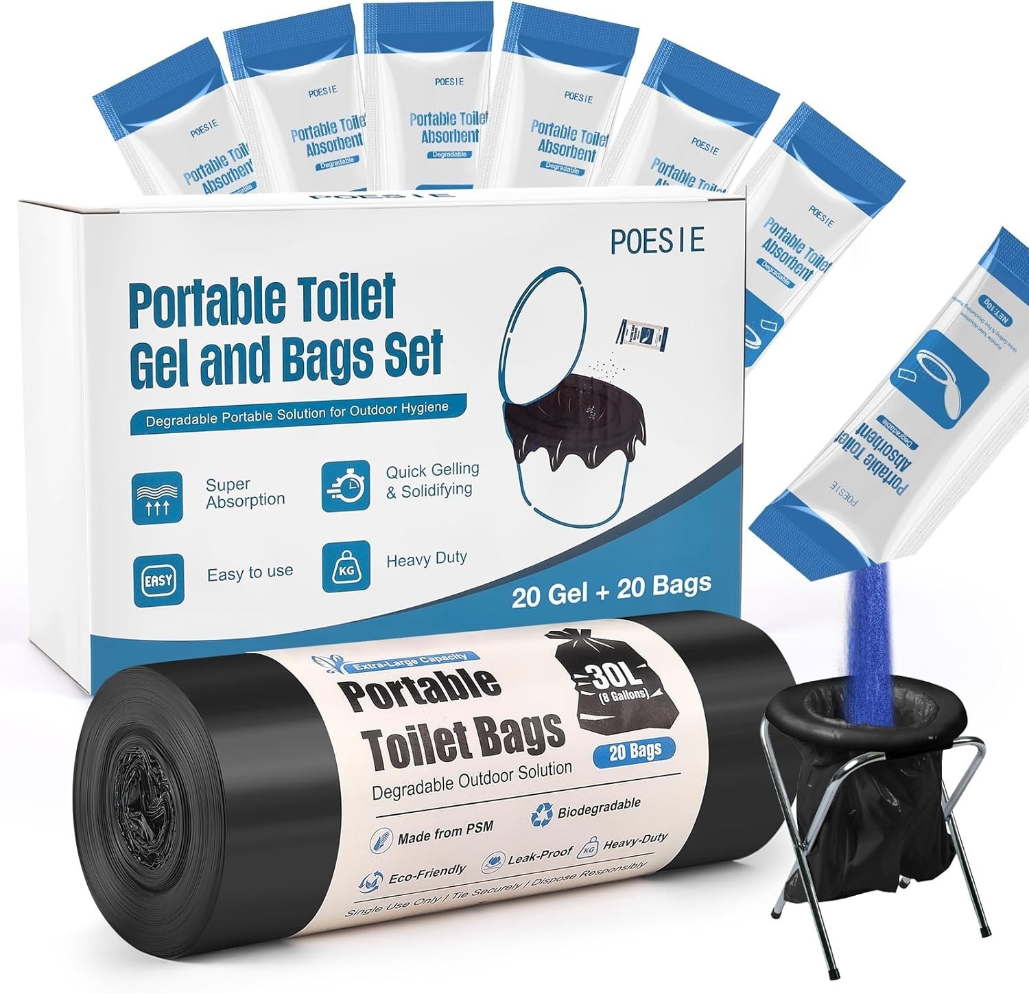 Portable Toilet Gel Powder Set for Camping Hiking Emergency Waste Disposal