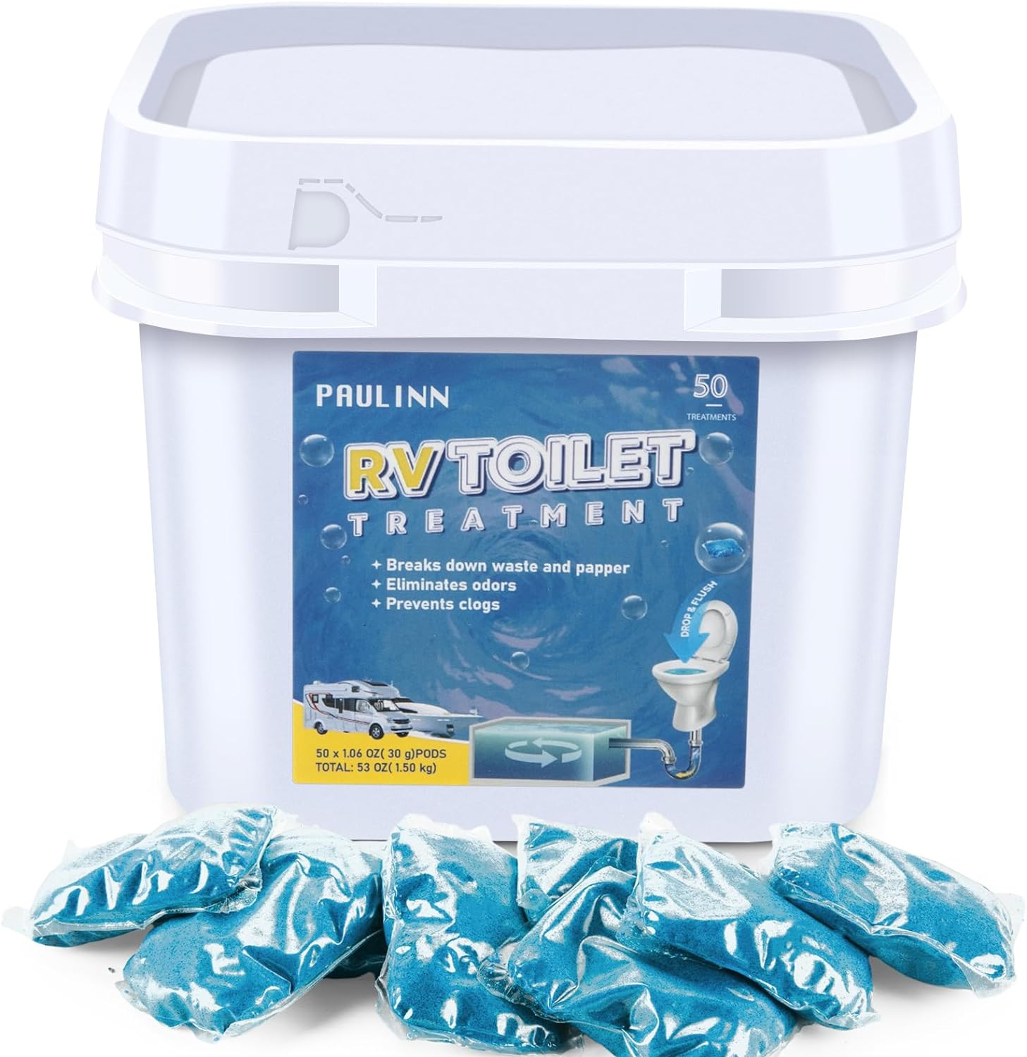 RV Toilet Treatment Drop Ins, 50 Packs Holding Tank Deodorizer for RV Black & Gr