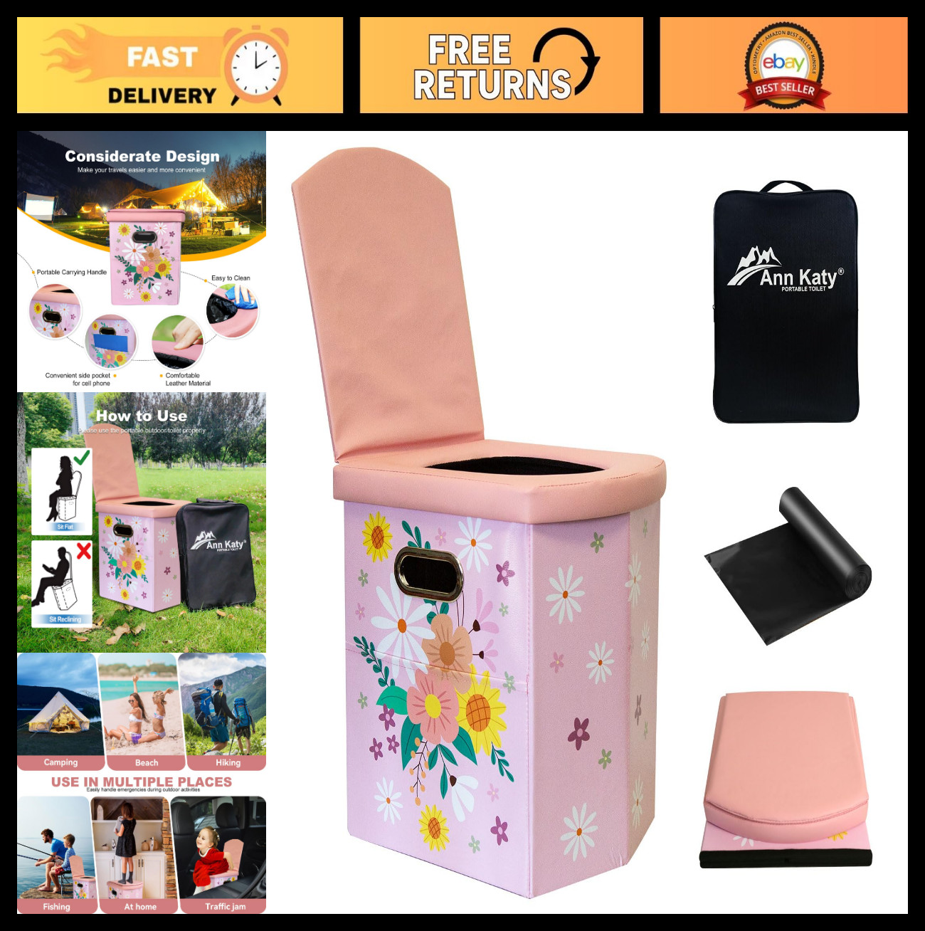 Upgrade XL Portable Toilet for Adults – Extra Large Folding Travel Potty for Cam