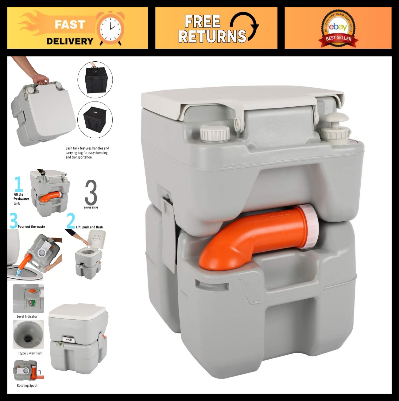 Portable 5.3 Gallon Camping Toilet with Carrying Bag – Large Capacity for RV, Bo
