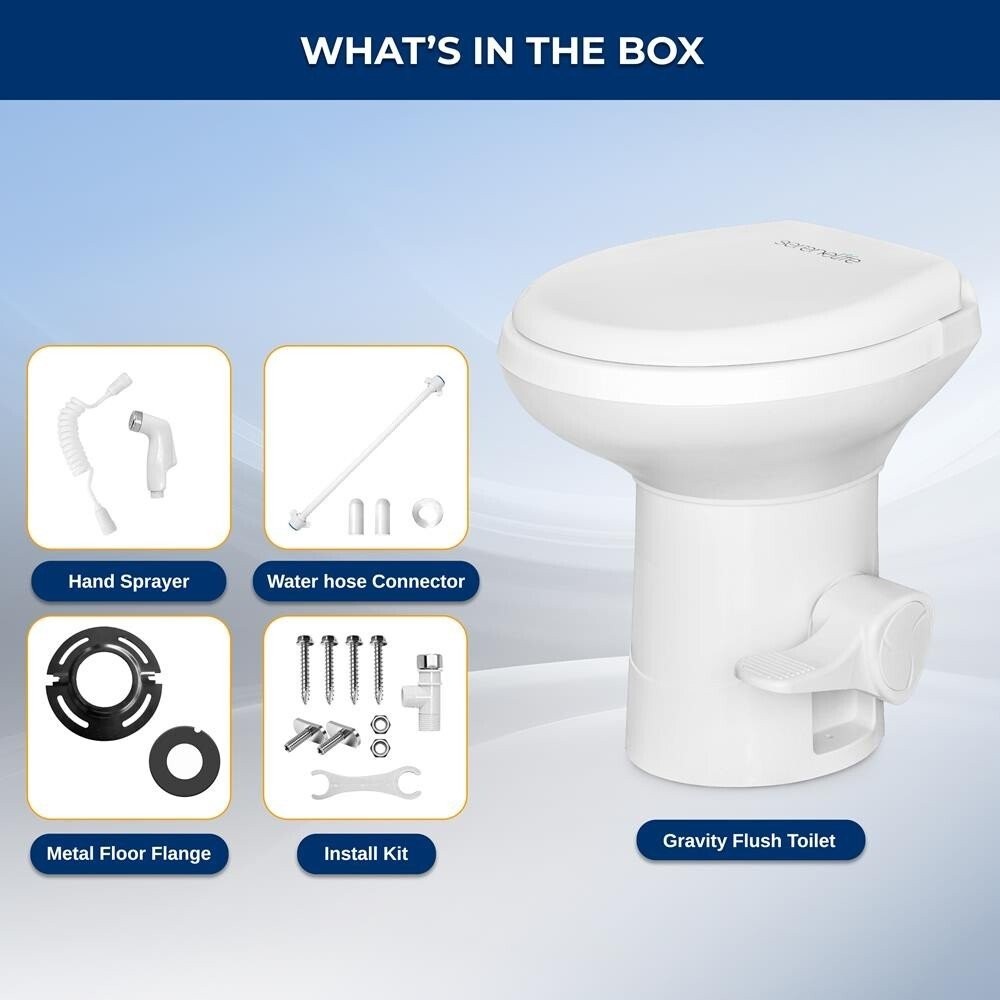 SereneLife RV Plastic Bowl Gravity Flush Toilet w/ Hose Connector, Hand Sprayer