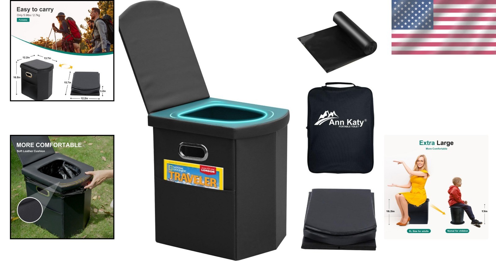 Upgrade XL Portable Toilet – 16.5-Inch Comfortable Folding Solution for Camping