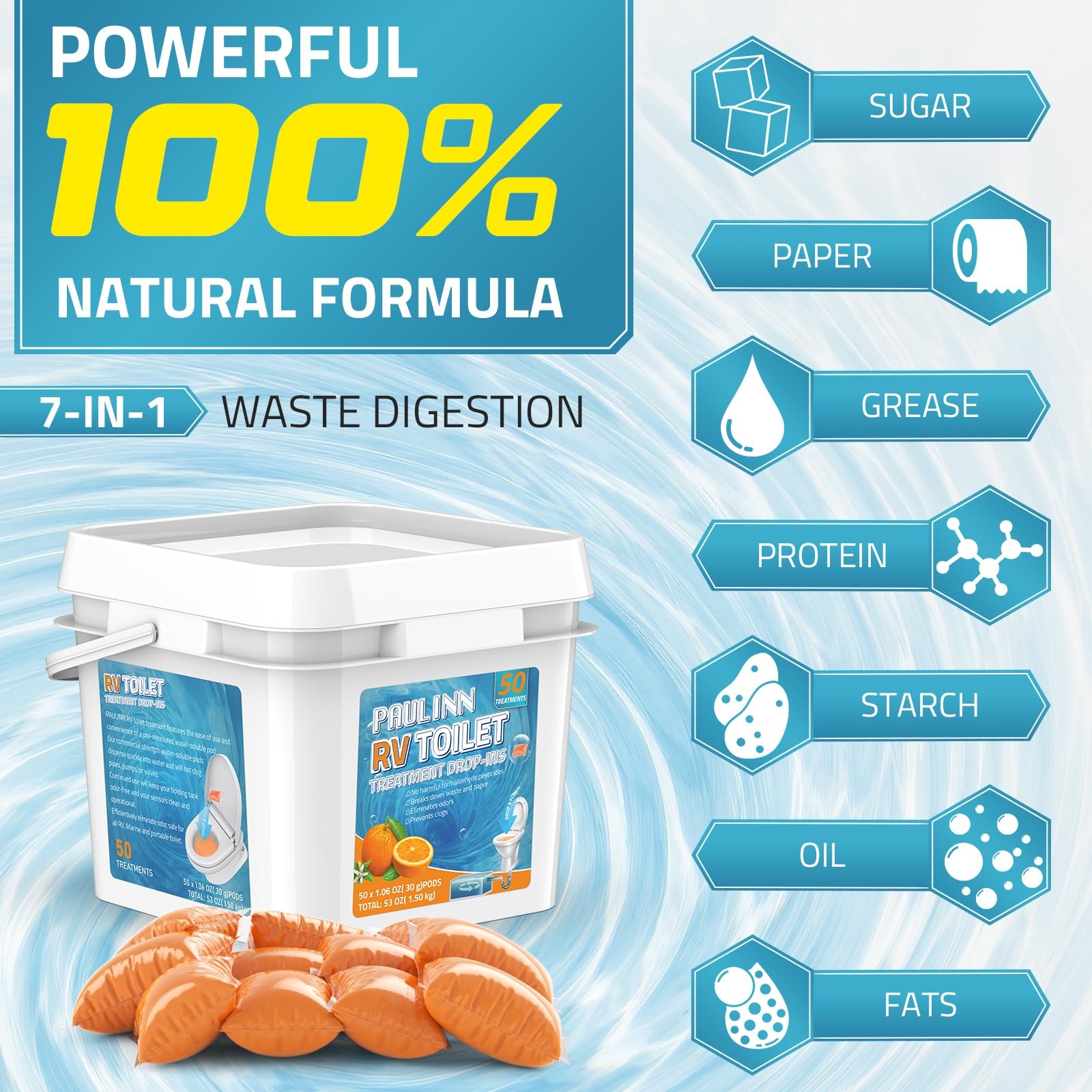 PAULINN RV Toilet Treatment Drop Ins, 50 Packs Septic Tank Treatment Pods Holdin