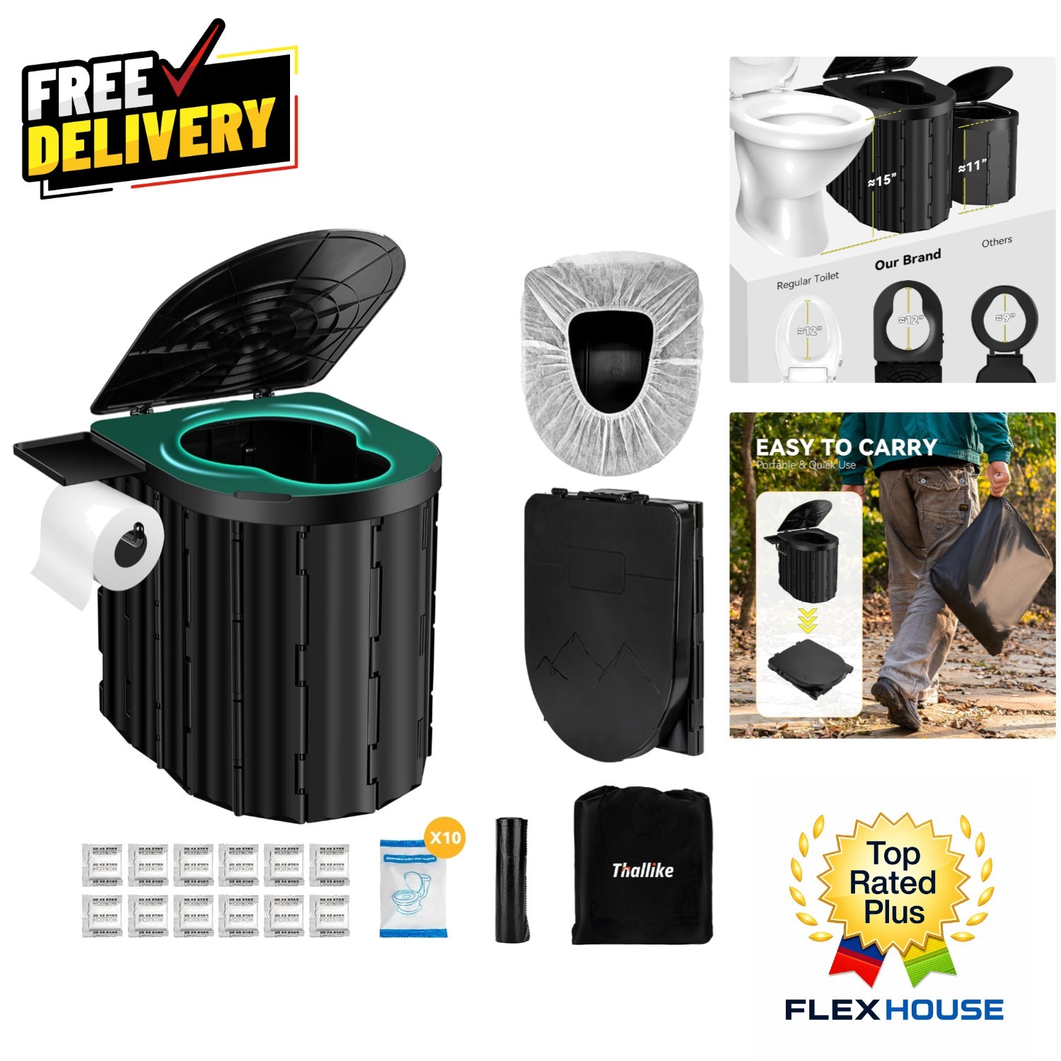Ergonomic 15″ Portable Camping Toilet – 450Lbs Capacity, Foldable & Lightweight