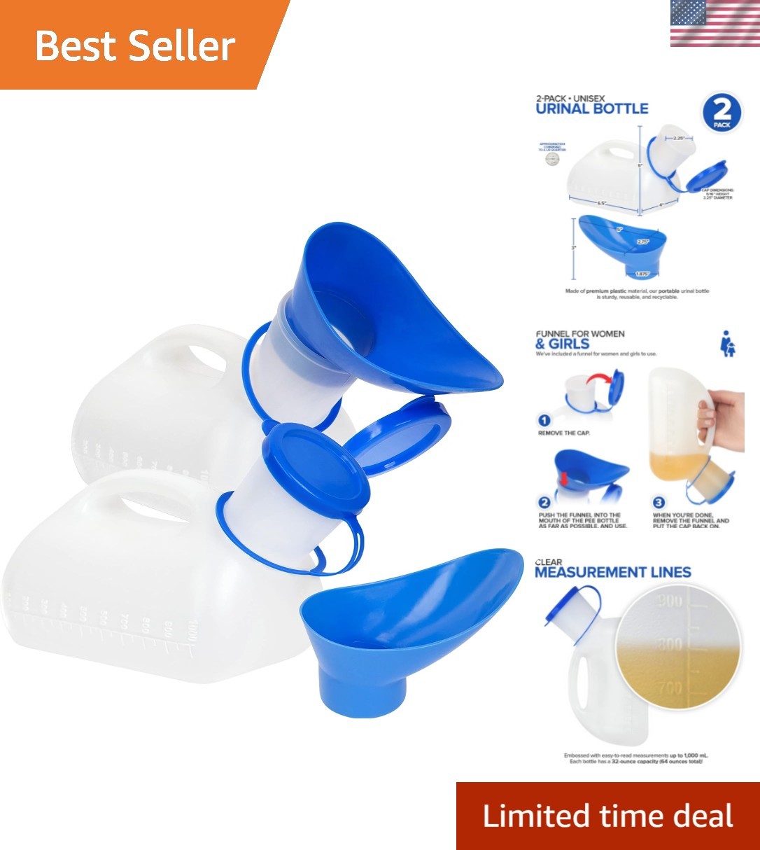 Unisex Urinal Bottle 2 Pack – Portable Urinal for Women & Men – Female Urinal…
