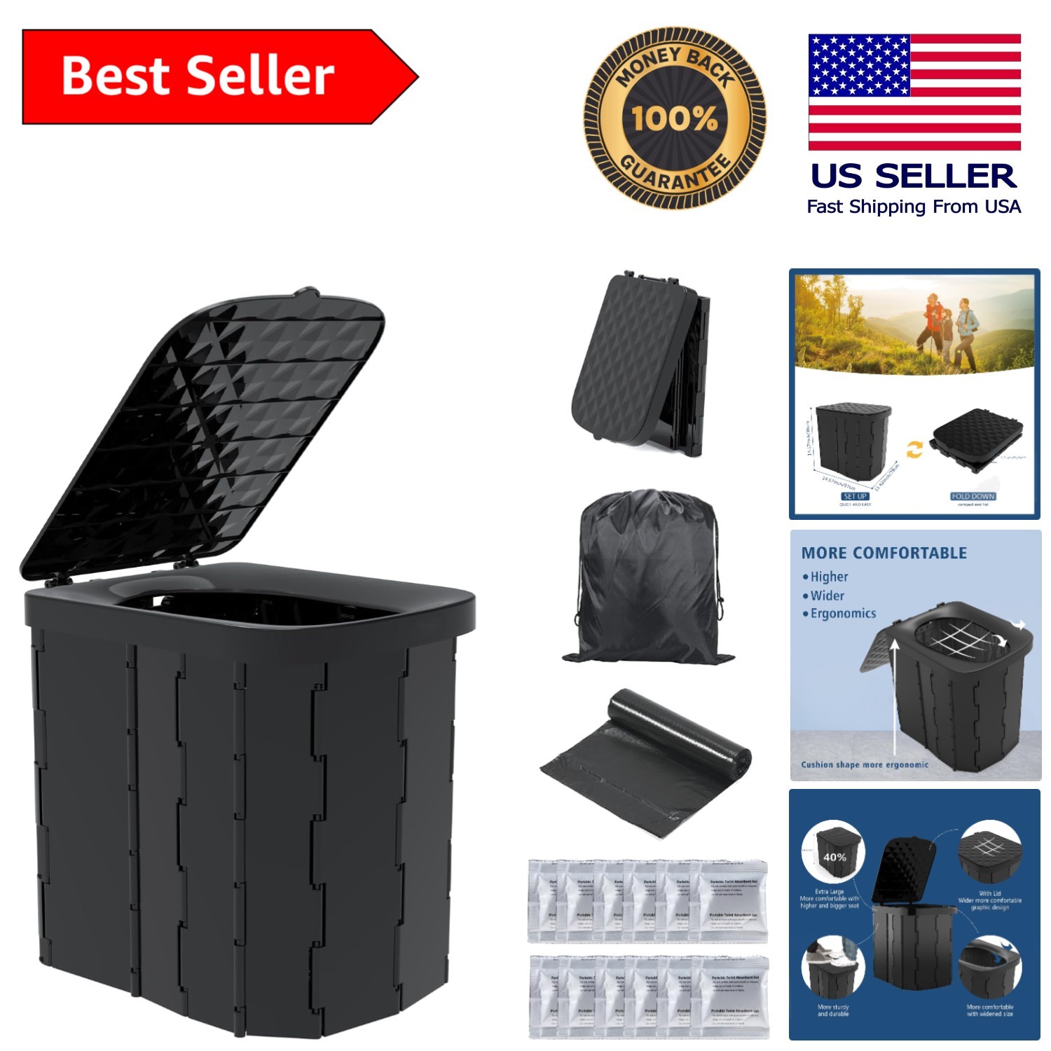 Multi-Functional XL Portable Toilet – Ideal for Travel, Camping, and More, Black