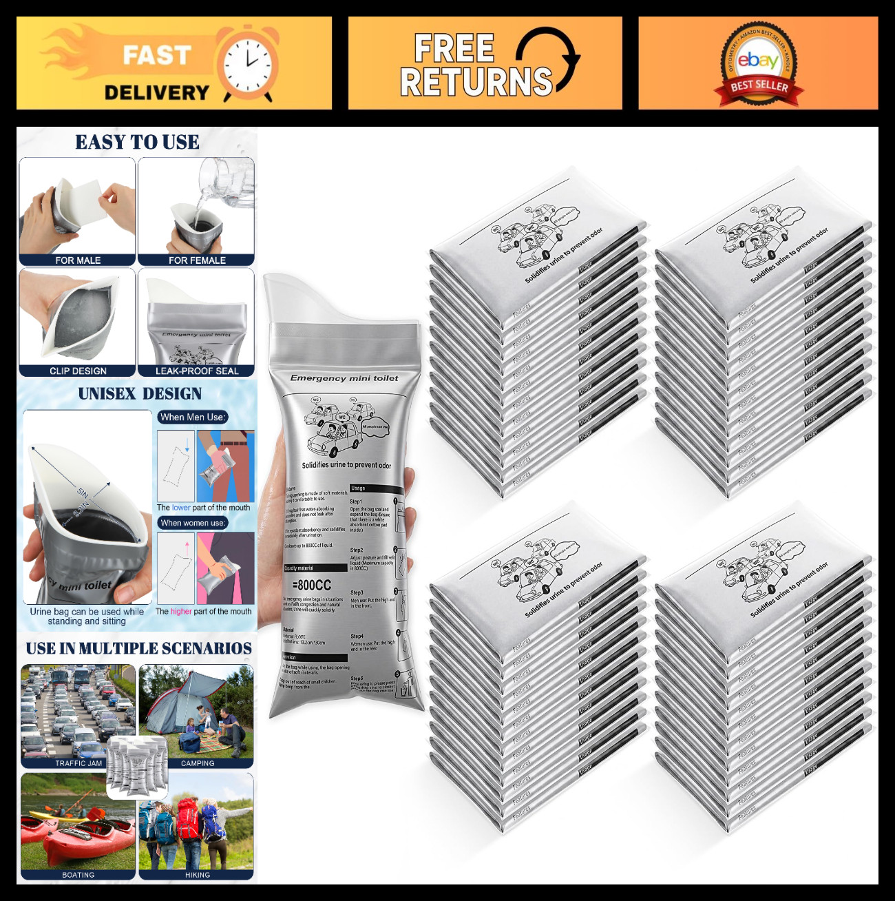 50 Pcs Disposable Urinal Bags – Portable Pee Bags for Travel, Camping, Emergency