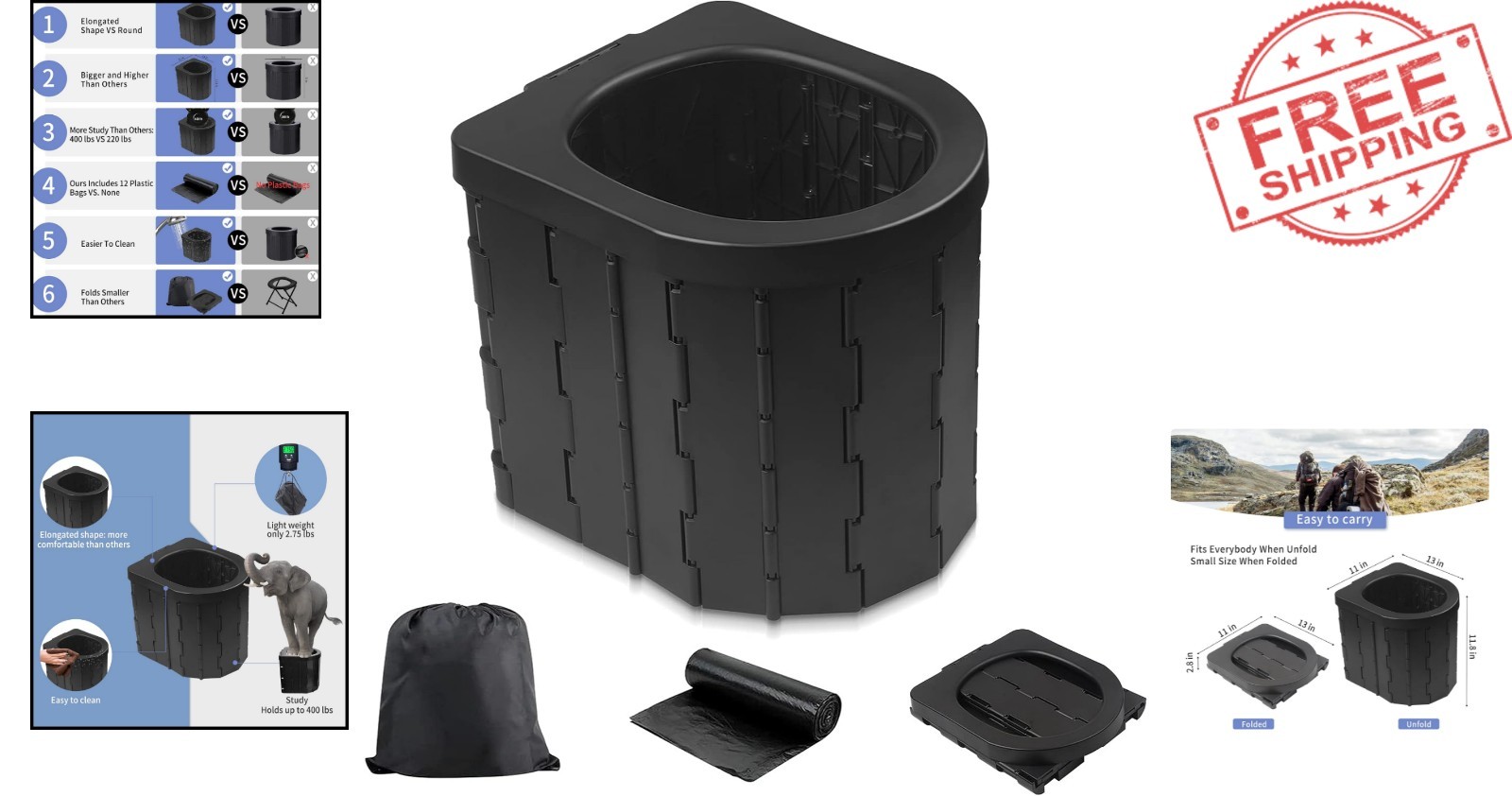 Elongated Design Portable Toilet with Hygiene Bags – Perfect for Outdoor Use