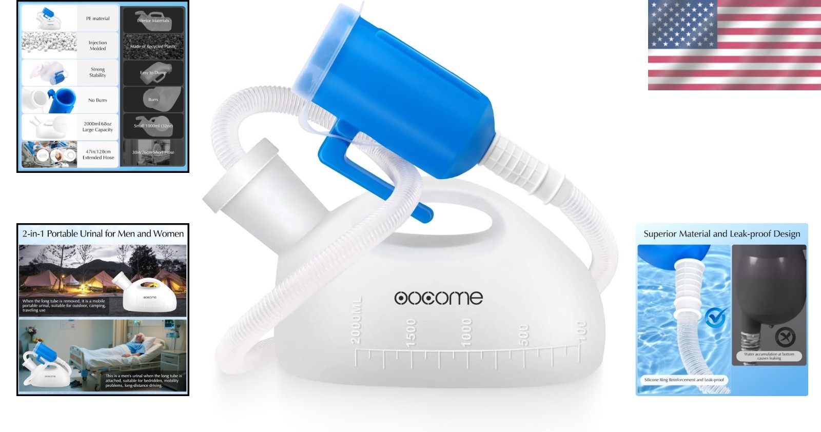 Men’s Portable Urinal Bottle, 2000ml Capacity, Spill-Proof