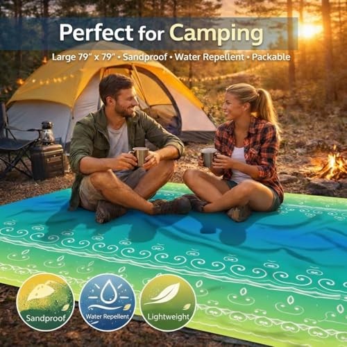Oversized Beach Blanket (79″ x 79″) | Sandproof & Waterproof, Blue Lime Ripple