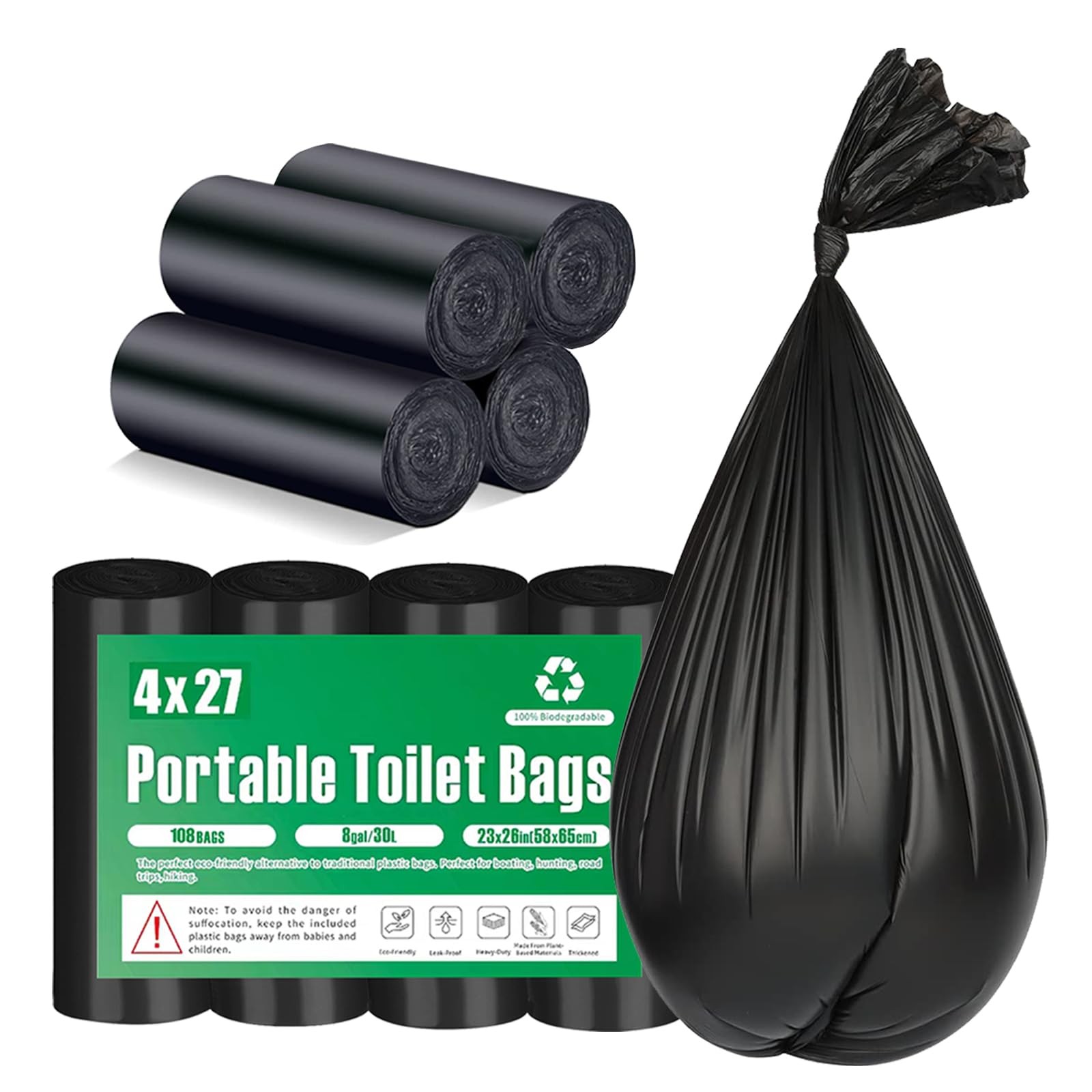 108 Portable Toilet Bags, TALTBREX 8 27 Count (Pack of 4), 108 Count-black