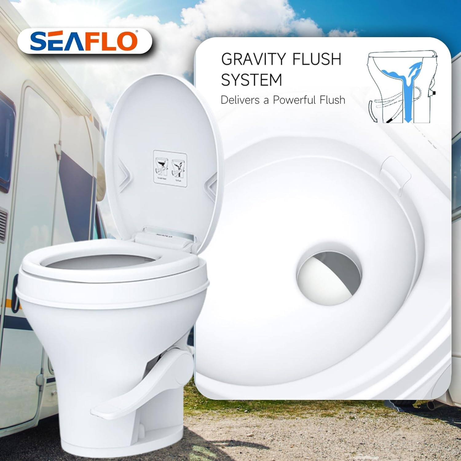 Residential Height Camper/Rv Toilet, 18.5” Standard Height, Gravity Flush System