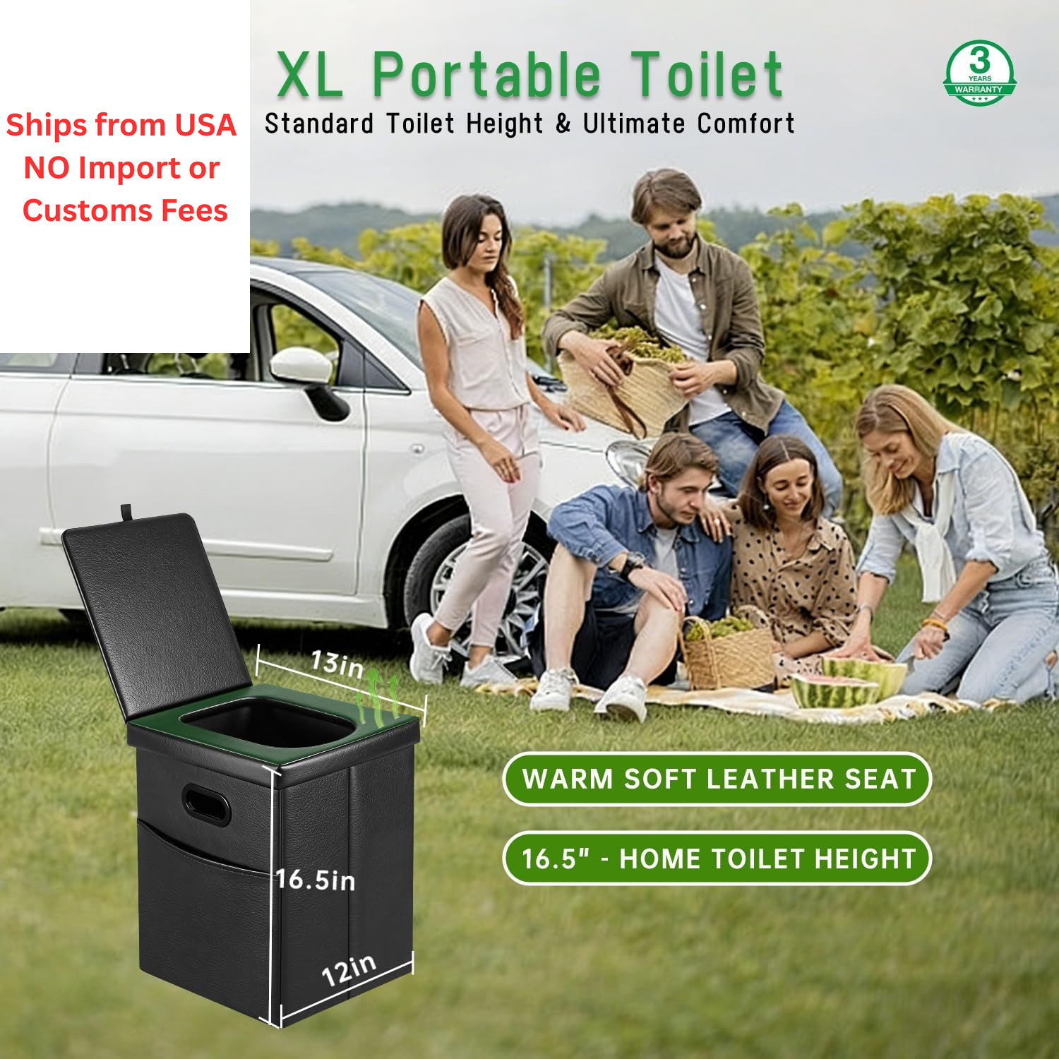 Panmout 16.5″ XL Portable Toilet for Camping, Foldable Travel Black
