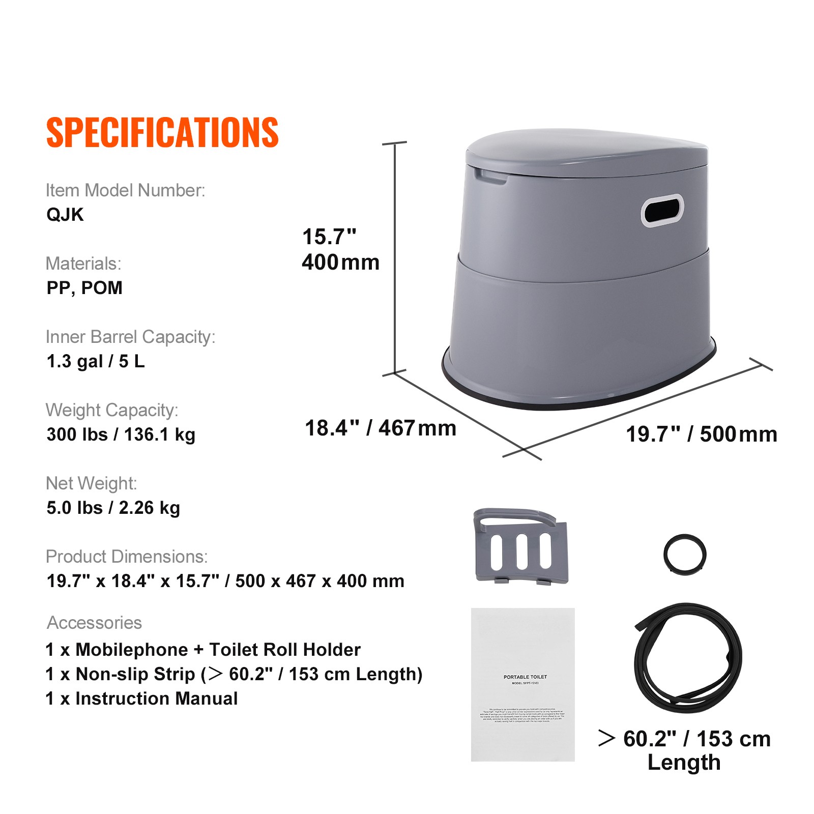VEVOR Portable Camping Toilet Inner Bucket with Lid Phone Shelf and Paper Holder