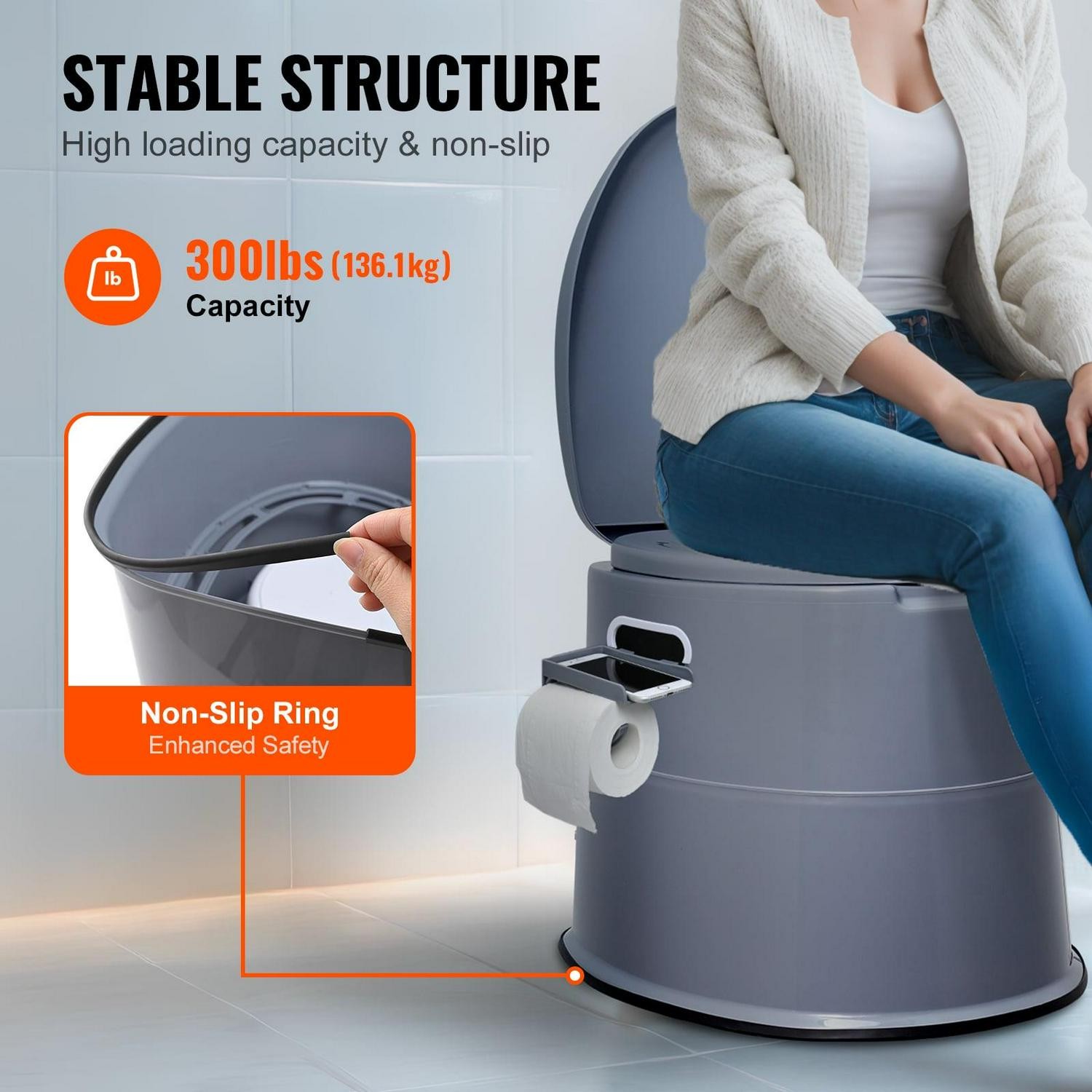 Portable Camping Toilet 1.3 Gal Split Inner Bucket & Paper Holder Dual Cover