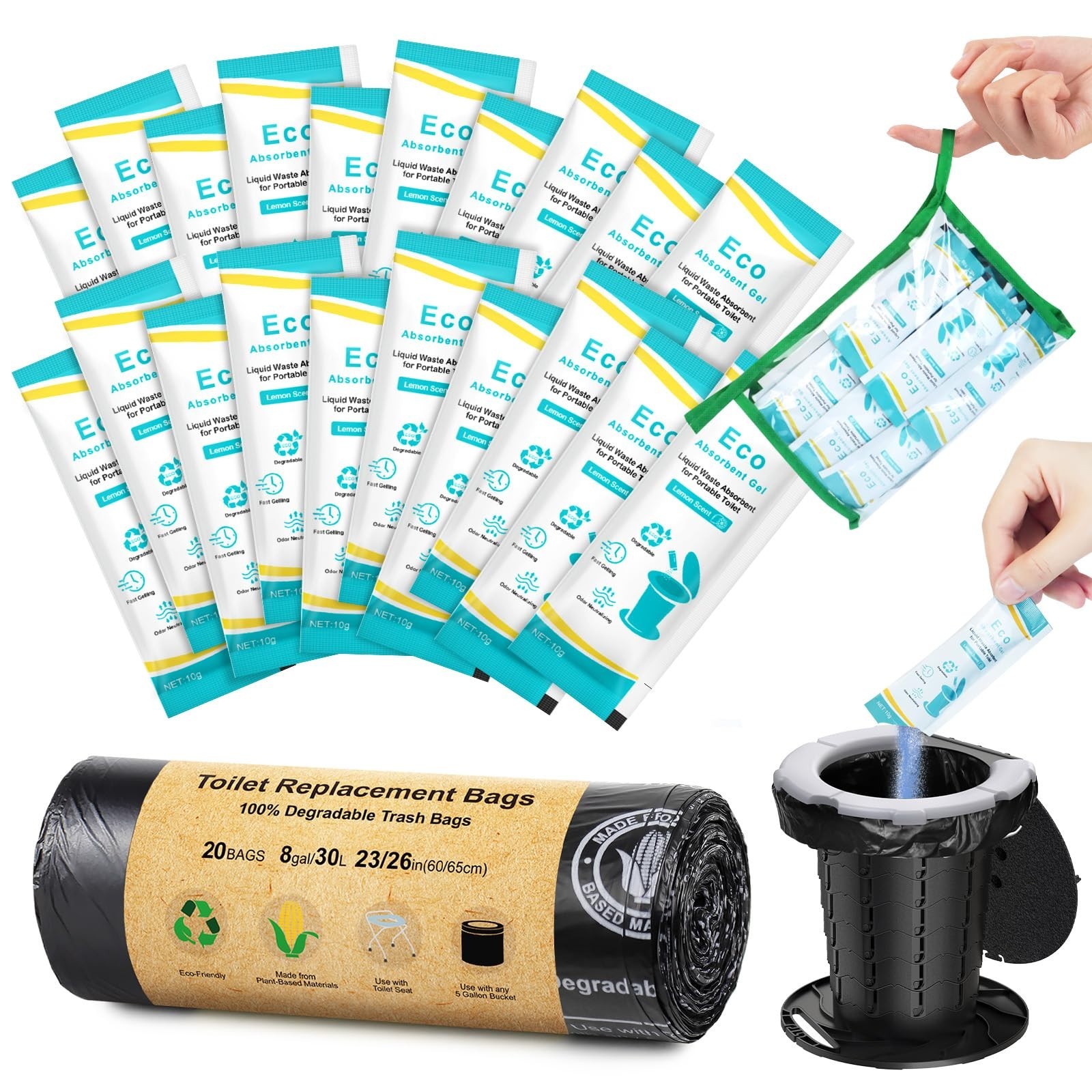 20 Count Portable Camping Toilet Bags with Absorbent Gel, Heavy Duty 8 Gallon