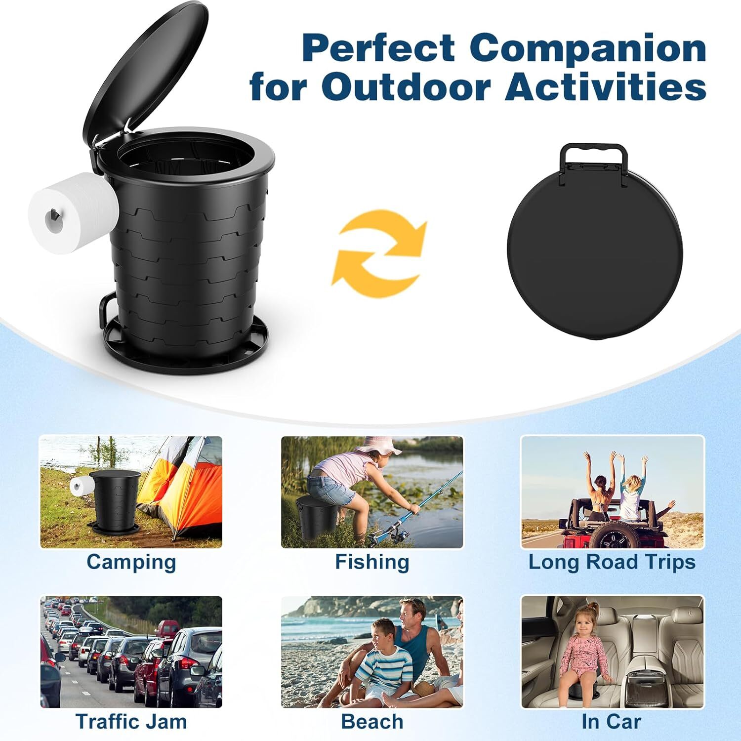 Portable Toilet Retractable Porta Potty for Camping with Paper Holder and Lid