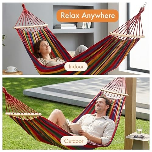 Multicolor Striped Fabric Hammock with Wood Spreader Bars Portable Outdoor Red