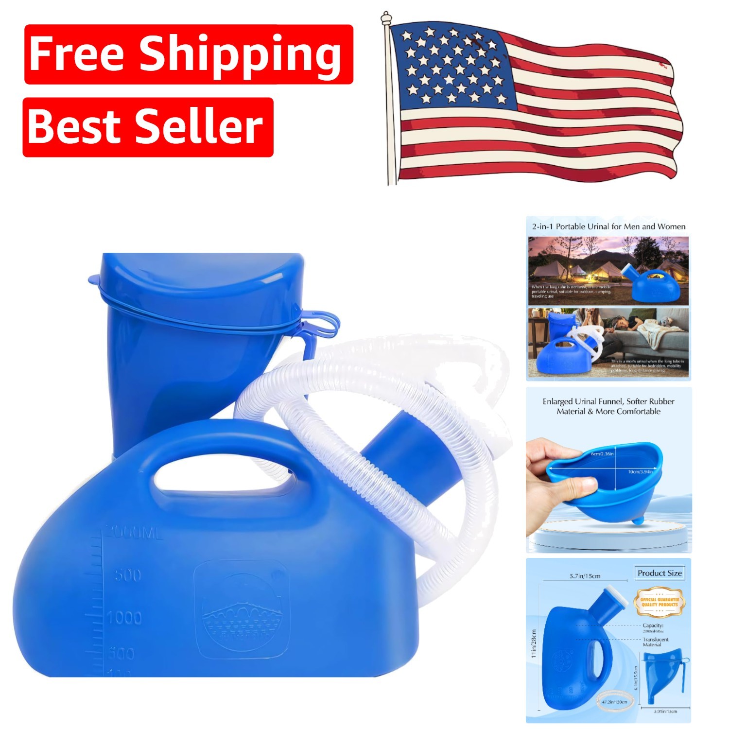 Leak-Proof Urinal Bottle for Travel – 2000ml with Adjustable Hose & Funnel