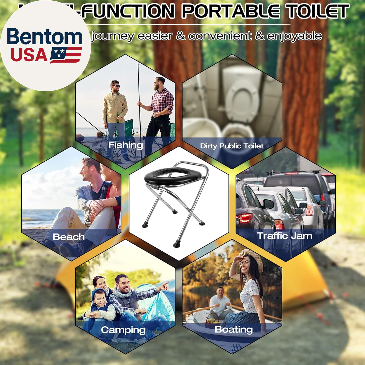 16.5″H Portable Toilet for Camping, 350LB Capacity Stainless Steel Folding Toile