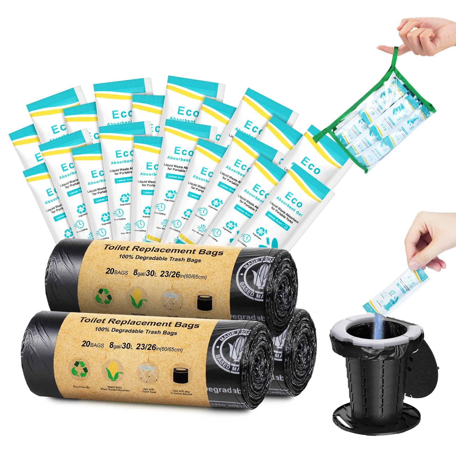 BLIKA 60 Count Camping Toilet Bags Eco Absorbent Gel Set, Portable Toilet Bag…