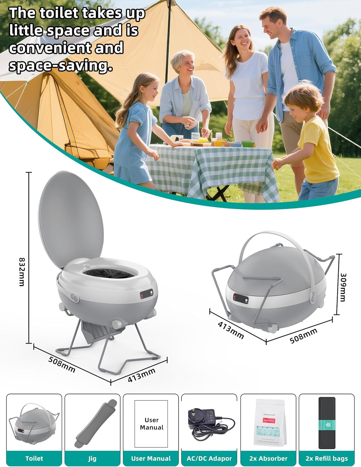 Dry Flush Toilet, Portable Waterless Self-Contained Rechargeable Toilet, Ideal f