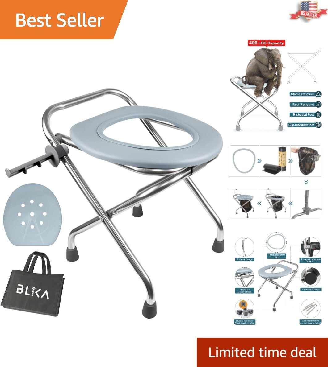 Portable Camping Toilet – Folding, Stainless Steel Seat – 400LBS Weight Capacity