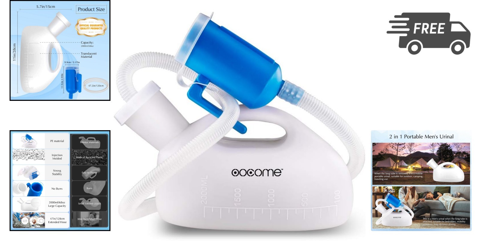 Male Urinal Bottle Portable Spill Proof Reusable Camping Toilet 2000ml