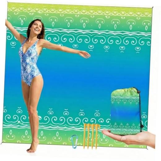 Oversized Beach Blanket (79″ x 79″) | Sandproof & Waterproof, Blue Lime Ripple
