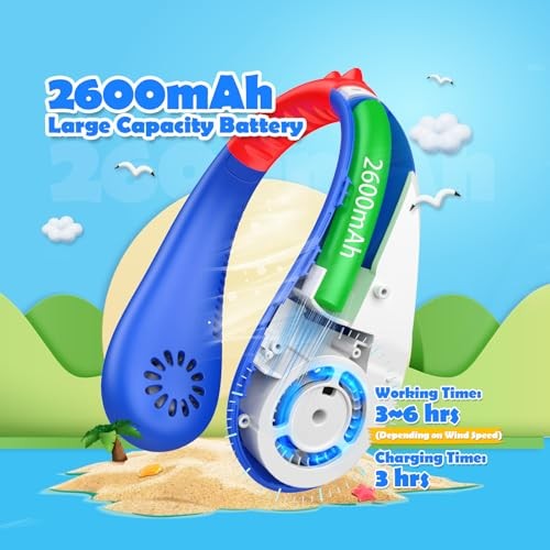 Kids Neck Fan, Portable Bladeless Neck Fan for Kids 4-14Y, 2600mAh Blue & Red