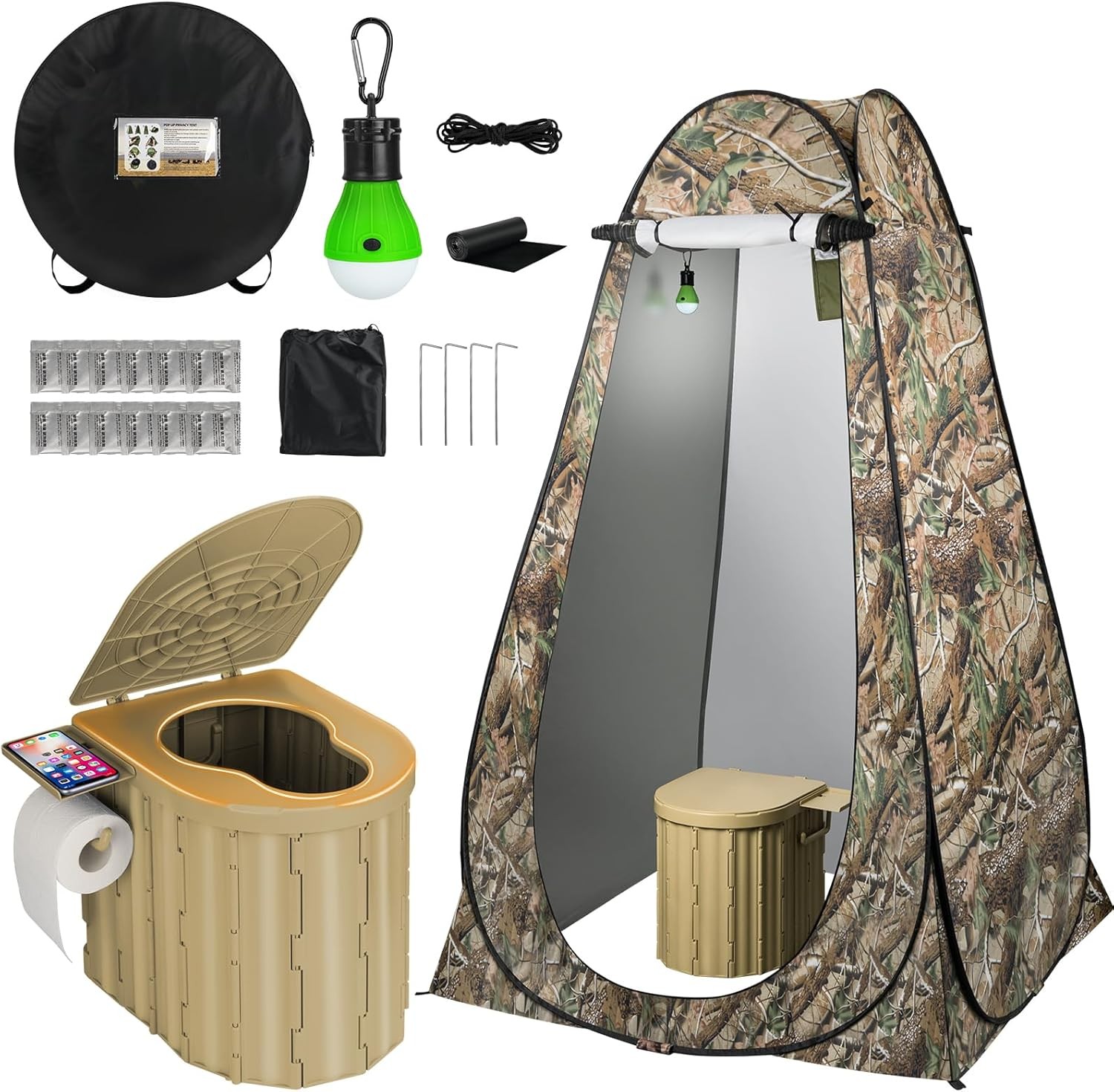 Portable Camping Toilet with Pop-Up Privacy Tent 12-inch Toilet Seat LED-Light