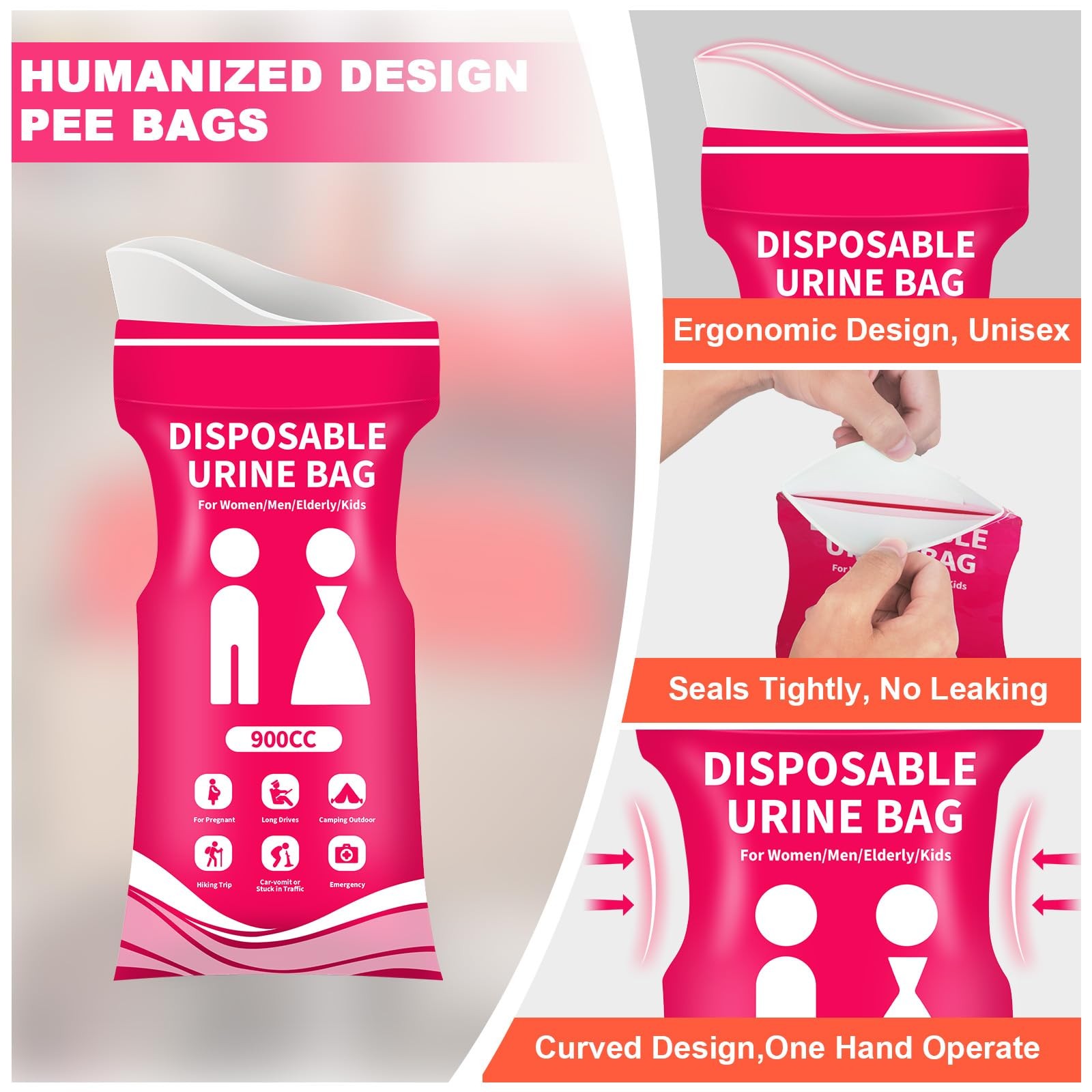 900ML Portable Pee Bags for Travel for Men, 24 Pack Disposable Urine Bags, Le…