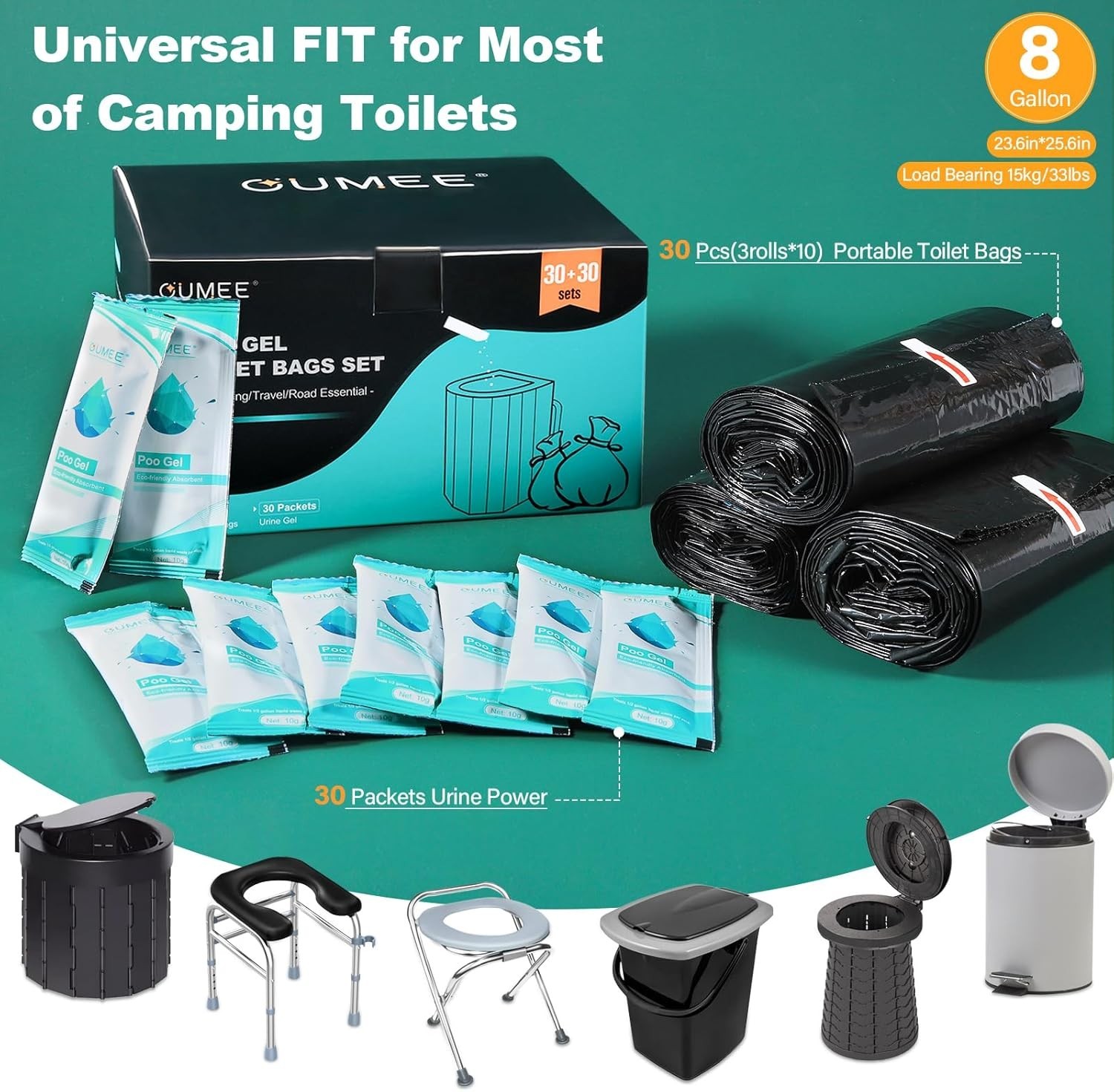 60 Portable Toilet Bags with Poo Gel Set, 8 Gallon Camping Toilet Bags with A…