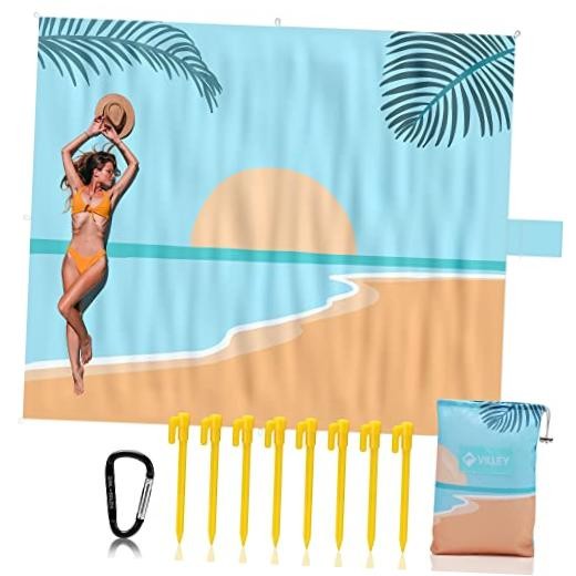 Extra Large Waterproof Sandproof Beach Mat for 6-8 Adults, 128″x108″ Sunset