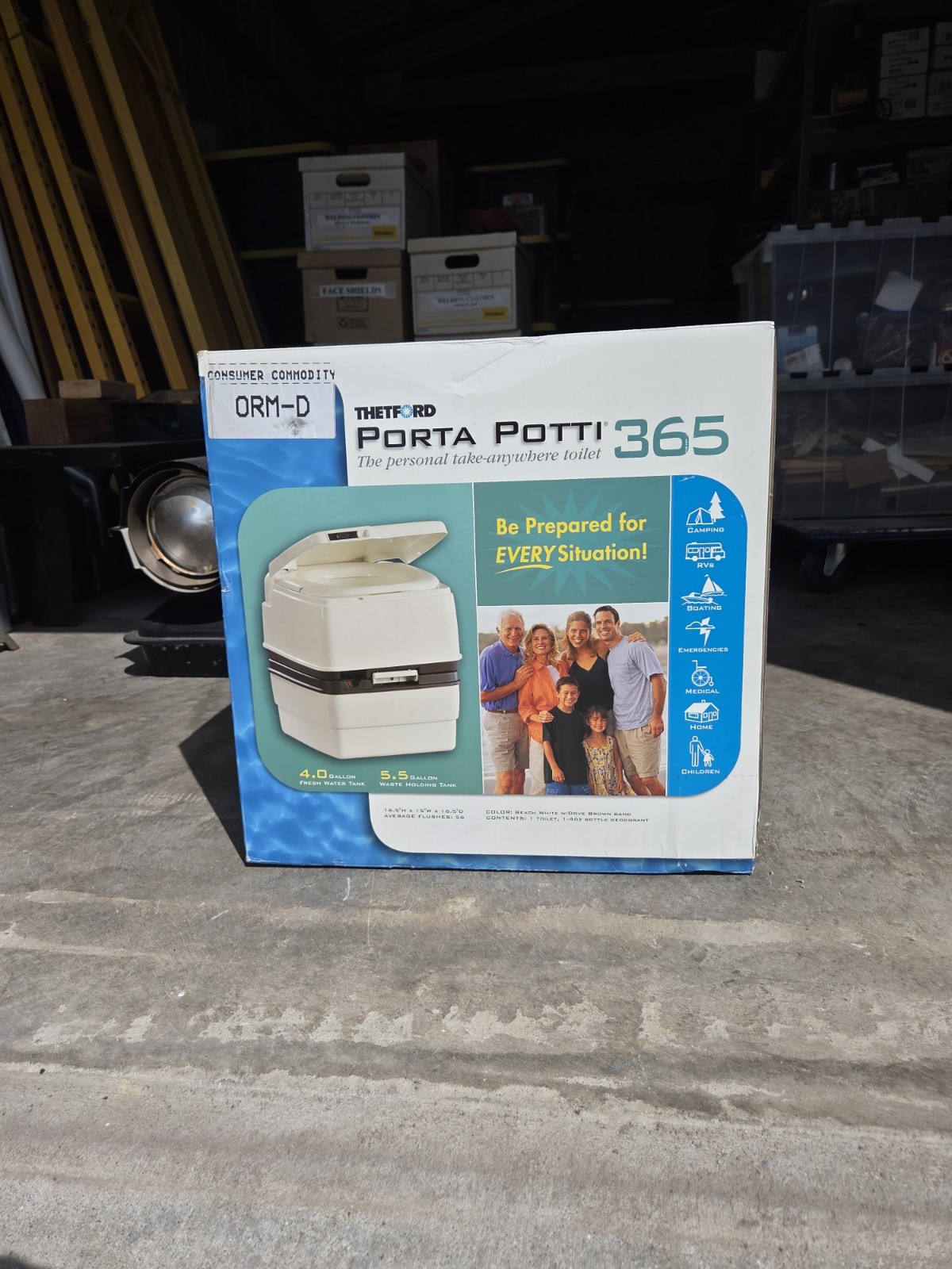 Thetford Porta Potti 365 Portable Toilet, 4 Gal Water/5.5 Gal Waste, White/Black