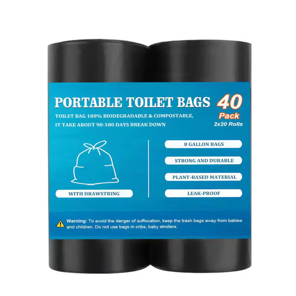40-Pack Biodegradable Portable Toilet Bags W/ Drawstring, 8 Gal. Thickened Waste