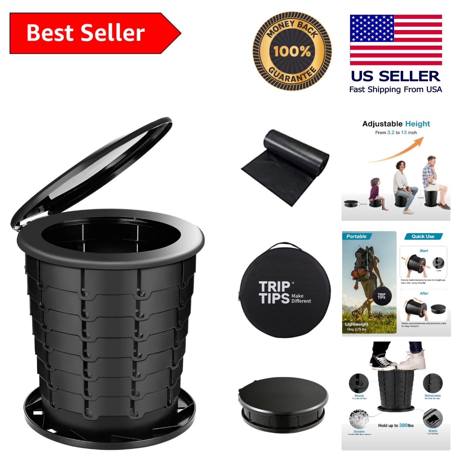 Lightweight Portable Camping Toilet – Foldable & Height Adjustable for All Ages