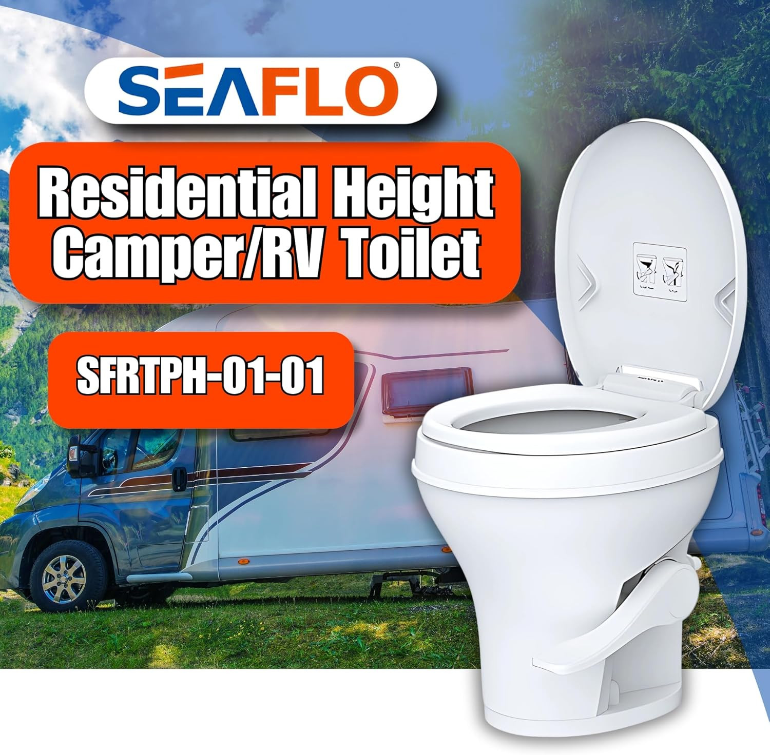 Residential Height Camper/Rv Toilet, 18.5” Standard Height, Gravity Flush System